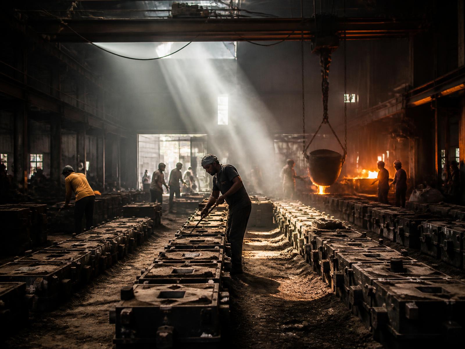 Foundry production floor with moulding boxes