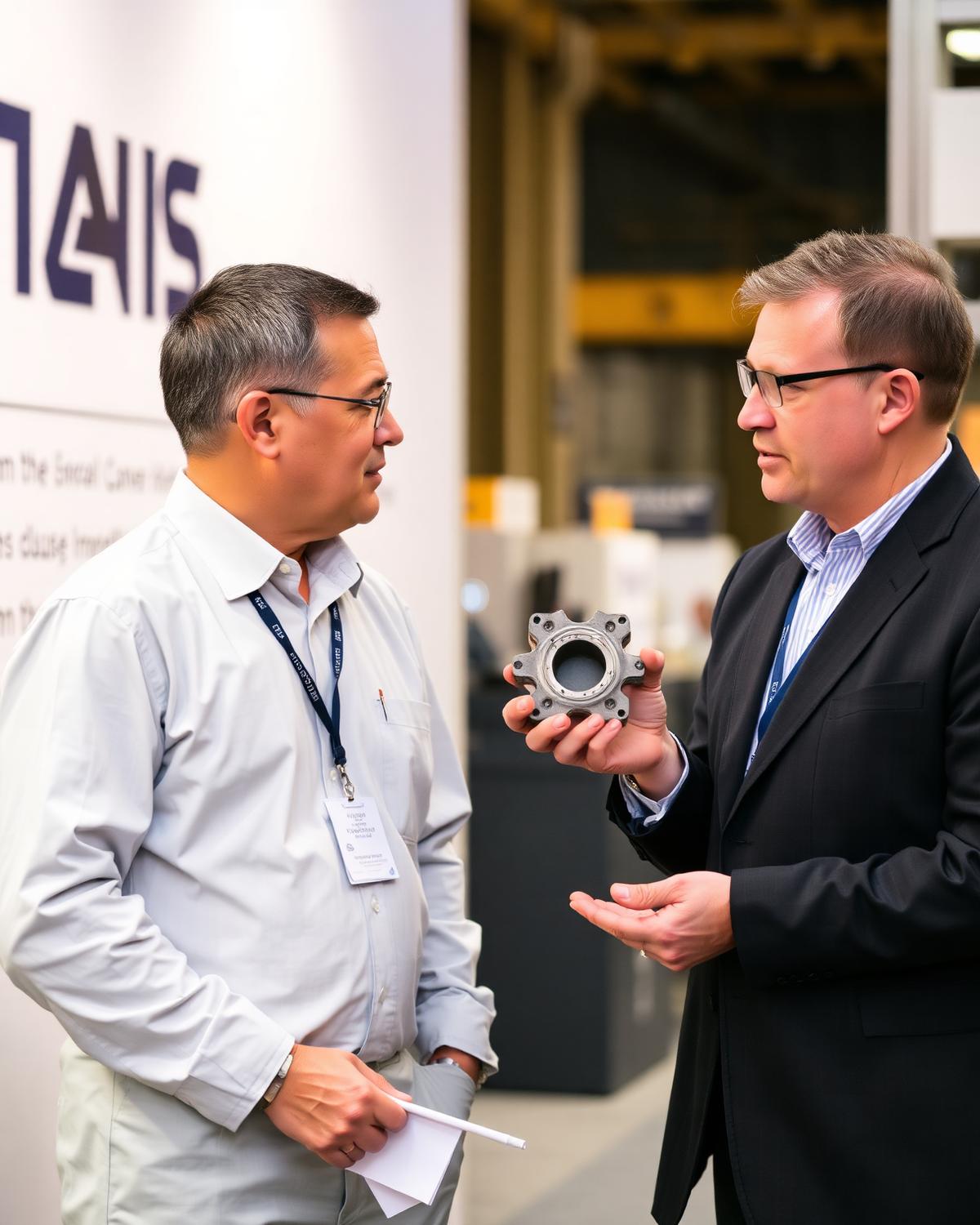 Engineers discussing a casting component at an industry exhibition